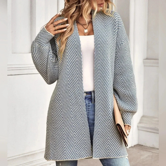 Sweaters - Knit Chevron Open Cardigan Bishop Sleeves Hip Length Dusty Blue on Off White